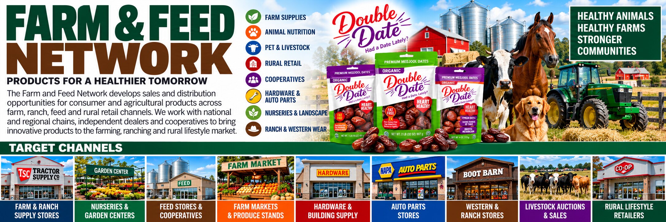 Farm & Feed Network banner: products for a healthier tomorrow. Double Date bags on a farm, with target channels including farm and ranch supply stores, nurseries and garden centers, feed stores and cooperatives, farm markets, hardware, auto parts, western stores, livestock auctions and rural lifestyle retailers.